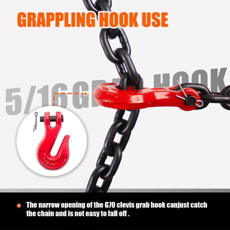 TKK G80 Transport Binder Chain 5/16 Inch x 10 Foot | 4,900 lbs Safe Working Load | Tow Chain with Clevis Grab Hooks | Ideal for Transporting, Towing, and Binding Equipment - Image 3